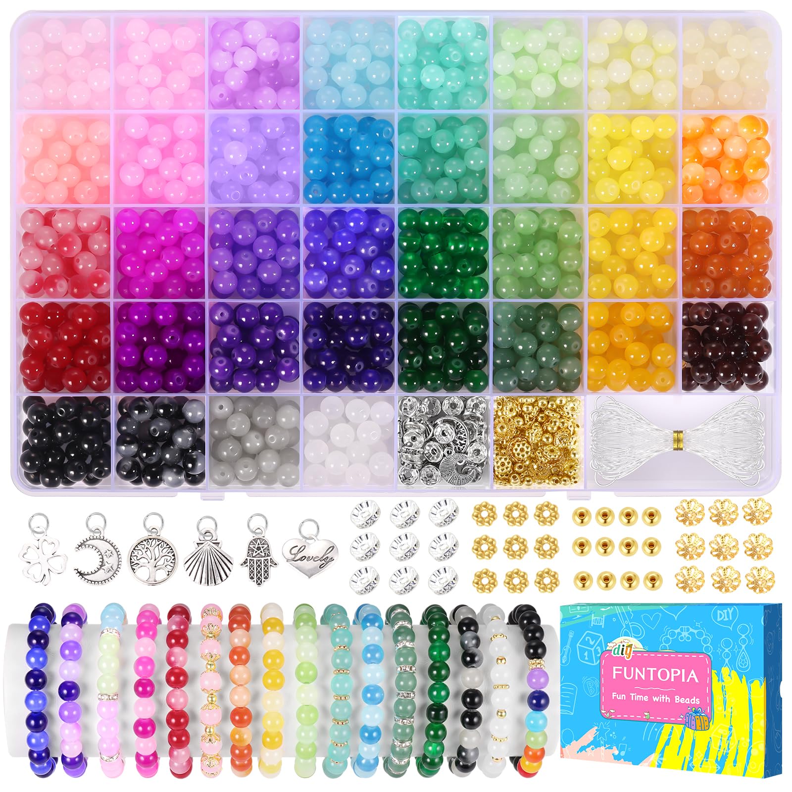 Funtopia 36 Colors Glass Beads for Bracelet Making, 8mm 1060 Pcs Crystal Gemstone Beads Imitative Jade Bead for Jewellery Making Coloured Big Hole Bead for Bracelet Necklace Phone Chain DIY Crafts
