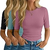 Riyiper 3 Pack Women's Half Sleeve Tops, Elbow Length Ribbed Cotton T Shirt Crew Neck Summer Tee Slim Fit Casual Blouses