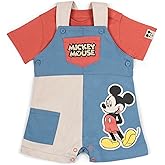 Disney Mickey Mouse Baby Twill Square Neck Short Overalls & T-Shirt Outfit Newborn to Infant Sizes (0-3 Months - 18 Months)
