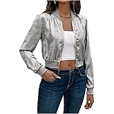 Floerns Women's Metallic Varsity Baseball Jacket Long Sleeve Zip Up Lightweight Outerwear