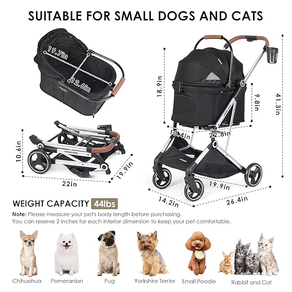 BEBEROAD PETS T3 PRO 3-IN-1 SMALL PET STROLLER FOR DOG & CATS, 4 WHEELS WITH DETACHABLE CARRIER WITH PAD, CANOPY AND CUP HOLDER (BLACK)
