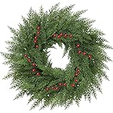 Lush Christmas Wreaths for Front Door with Red Berries Christmas Decorations 24 inch Real Touch Faux Cedar Wreath Large Winter Green Wreaths for Windows Outdoor Indoor Walls Home Xmas Holiday Decor