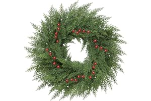 ZMTYYKH Lush Christmas Wreaths for Front Door with Red Berries Christmas Decorations 24 inch Real Touch Faux Cedar Wreath Large Winter Green Wreaths for Windows Outdoor Indoor Walls Home Xmas Holiday Decor
