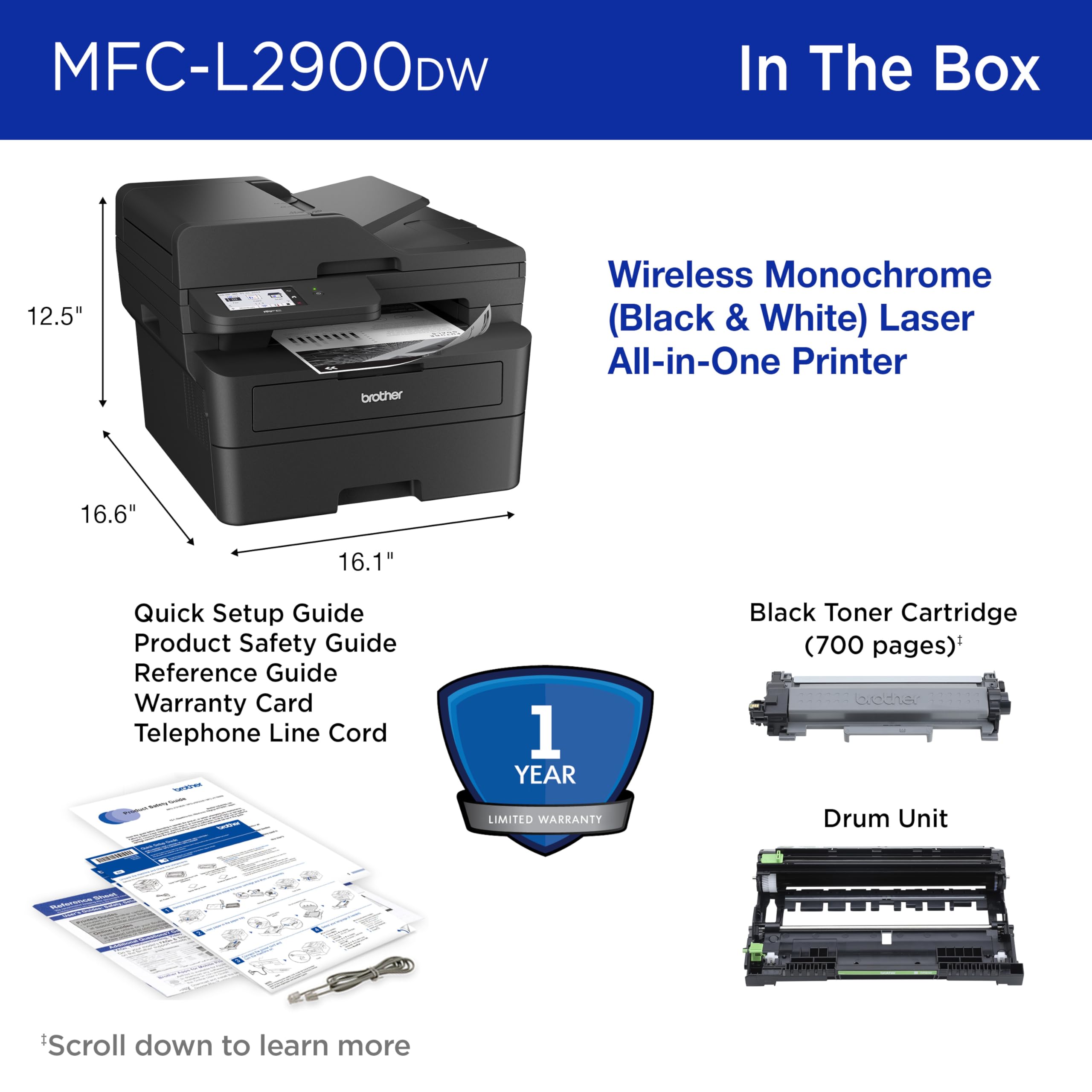 Brother Professional Laser Printer with Scanner, High-Speed 36 ppm Monochrome All-in-One, Wireless Duplex Printing and Scanning, Cloud-Ready 3.5 in Touchscreen for Small Business (MFC-L2900DW)