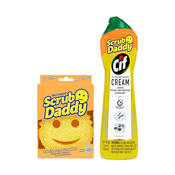 SCRUB DADDY SPONGES & CIF ALL PURPOSE CLEANER, LEMON – NON SCRATCH SPONGES FOR KITCHEN + BATHROOM – SCRUBBER AND MULTIPURPOSE CLEANER CREAM – CLEANING SUPPLIES KIT