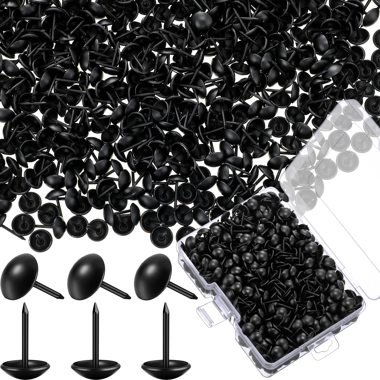 Black Upholstery Tacks, 7/16 Inch Decorative Furniture Tacks Black Thumb Tacks Upholstery Nails with Storage Box for Upholstered Sofa Furniture Cork Board, DIY Project, Home Decor (Black, 200 Pcs)