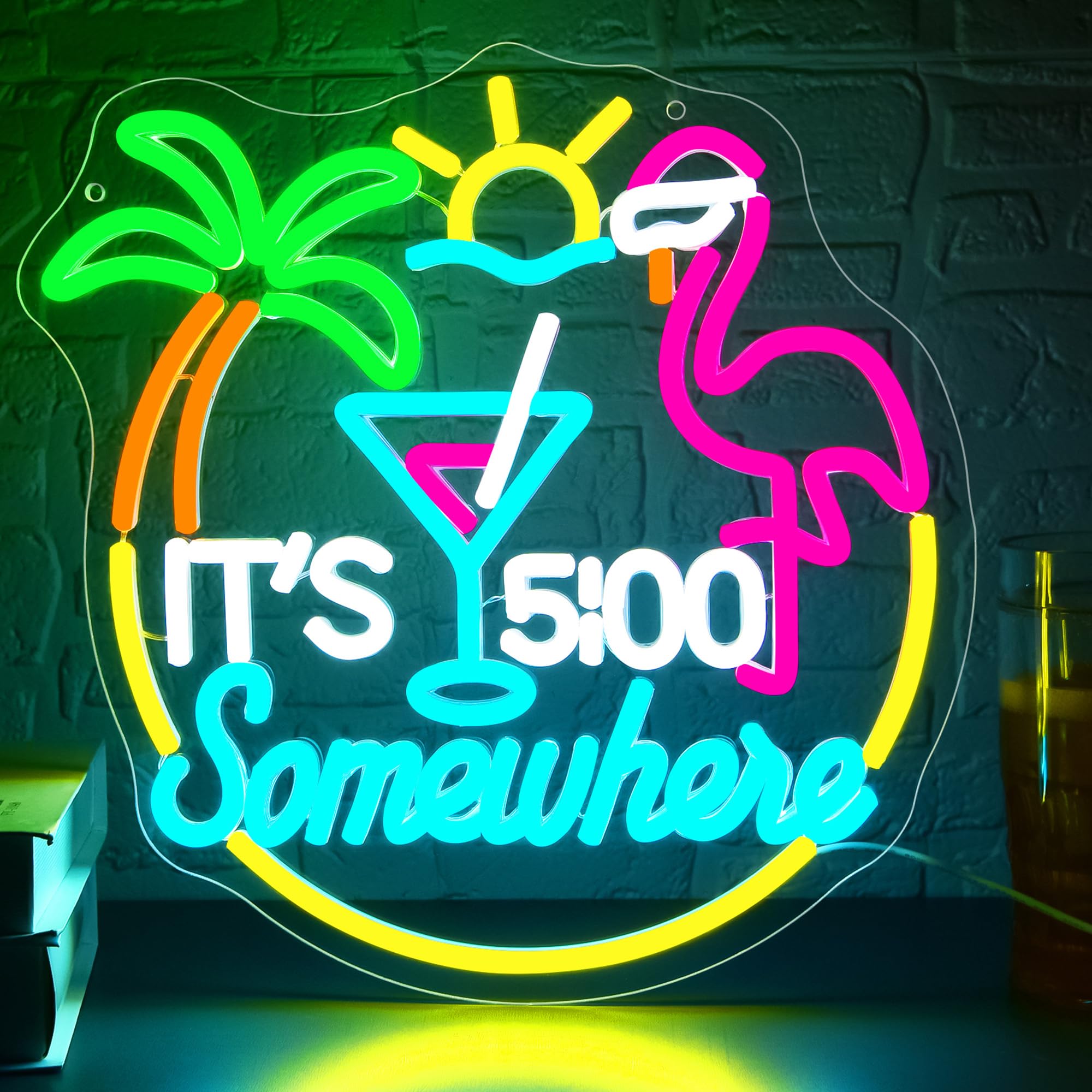 Photo 1 of It's 5 o'clock Somewhere Neon Sign for Wall Decor Dimmable Beer LED Light Home Bar Decor Palm Tree Flamingo Neon Signs for Man Cave Garage Beach Party Hotel Beer Gifts for Men Size 13.1*13in(GLNP166)