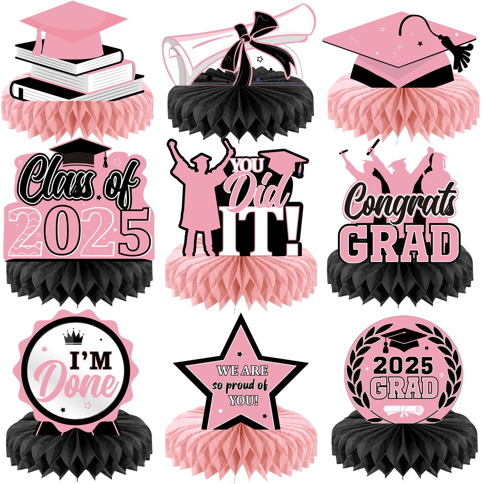 Photo 1 of Yisong 9 Pieces 2025 Graduation Party Table Decorations Class of 2025 Congrats Graduation Centerpieces for Tables Congratulate Honeycomb Centerpiece Topper for Grad Party Supplies(Pink, Black)