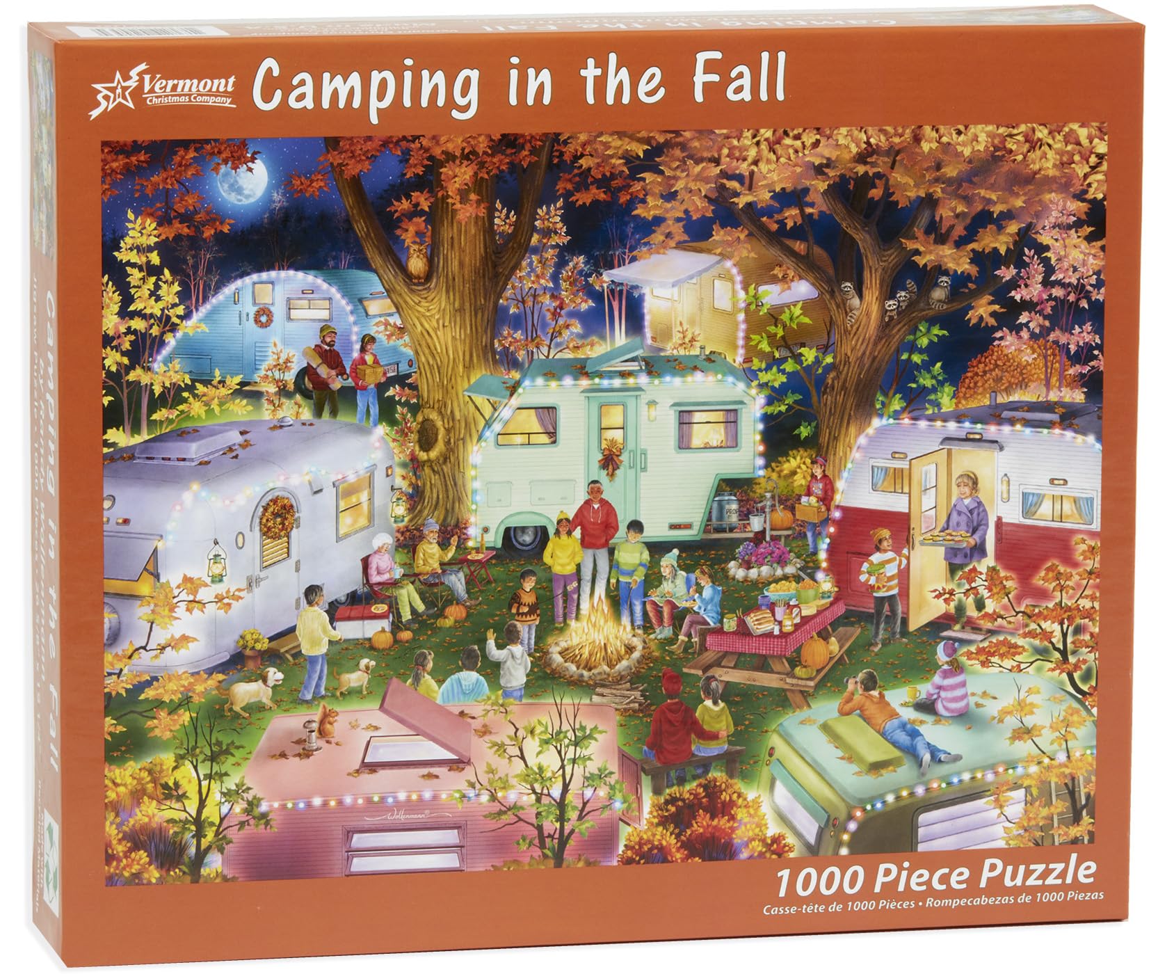 Vermont Christmas Company Camping in The Fall Jigsaw Puzzle 1000 Piece - Autumn Themed Puzzle for Adults Featuring Retro Campers - Randomly Shaped and Fully Interlocking Pieces