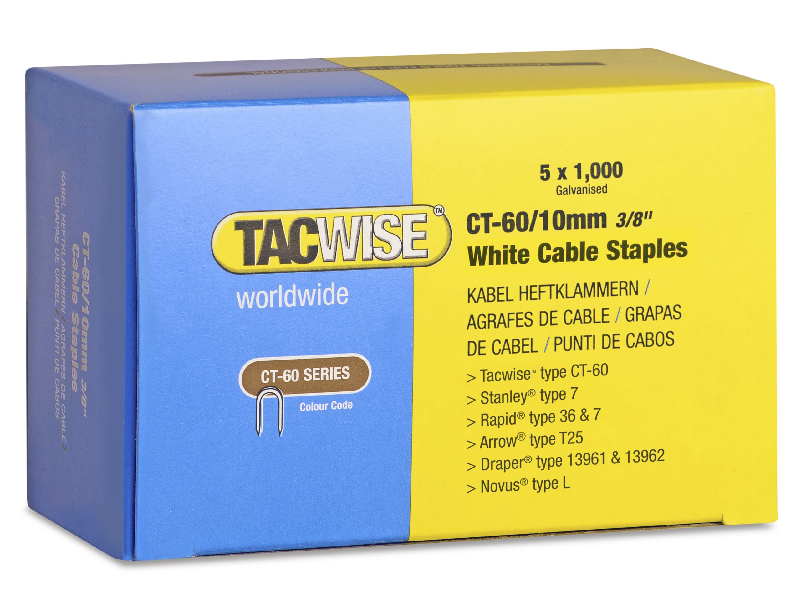 Tacwise 1094 Type CT-60 / 10 mm Galvanised Steel White Cable Staples, Divergent Point, Pack of 5000