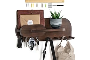 PARKWAY HOME Solid Wood Mail and Key Holder for Wall Decorative Display - Includes Mail Holder, Shelf with Hooks for Keys & Pegs for Hanging Hats, Coats, Bags, Backpacks & More - Sleek Modern Design, Walnut Brown