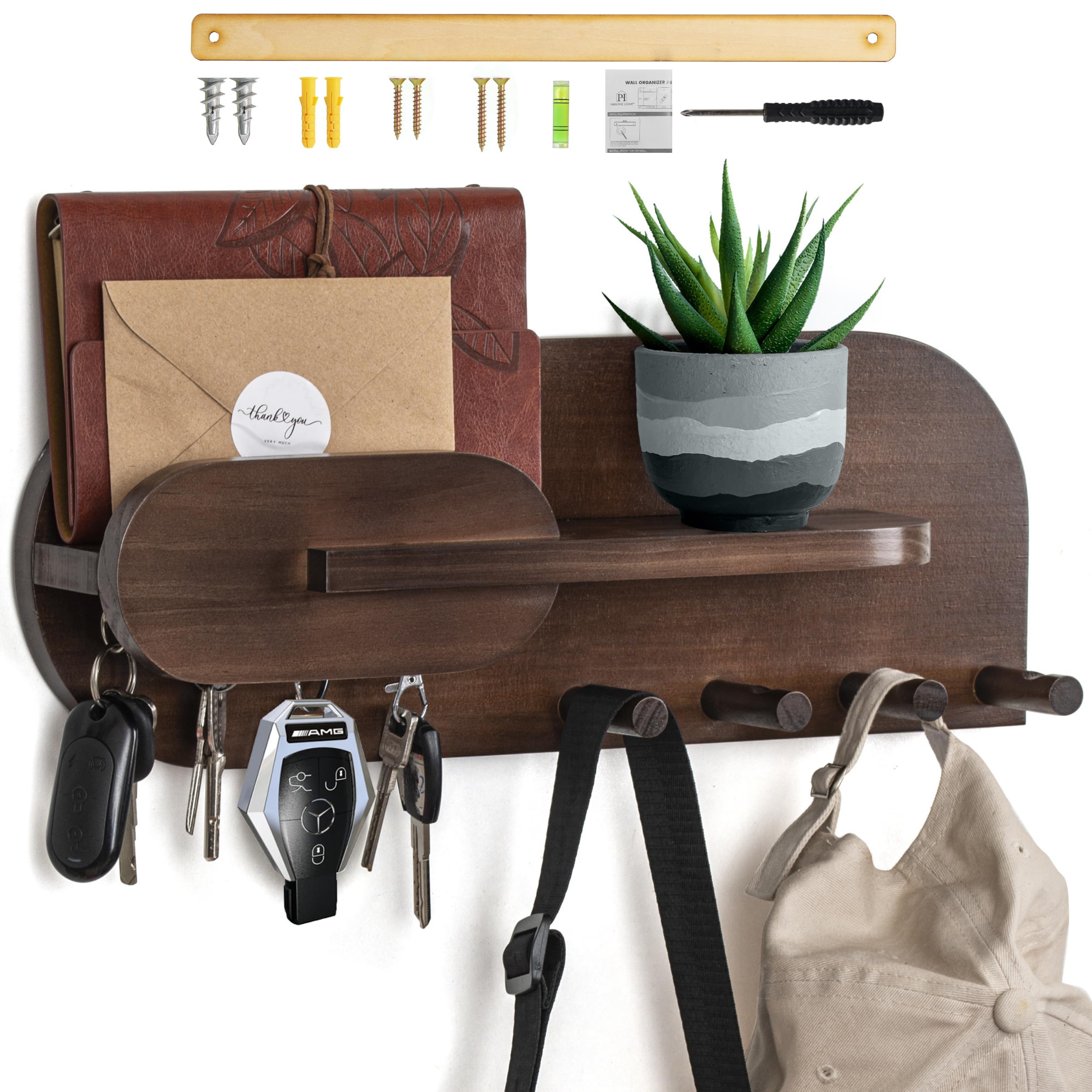 Photo 1 of Solid Wood Mail and Key Holder for Wall Decorative Display - Includes Mail Holder, Shelf with Hooks for Keys & Pegs for Hanging Hats, Coats, Bags, Backpacks & More - Sleek Modern Design, Walnut Brown