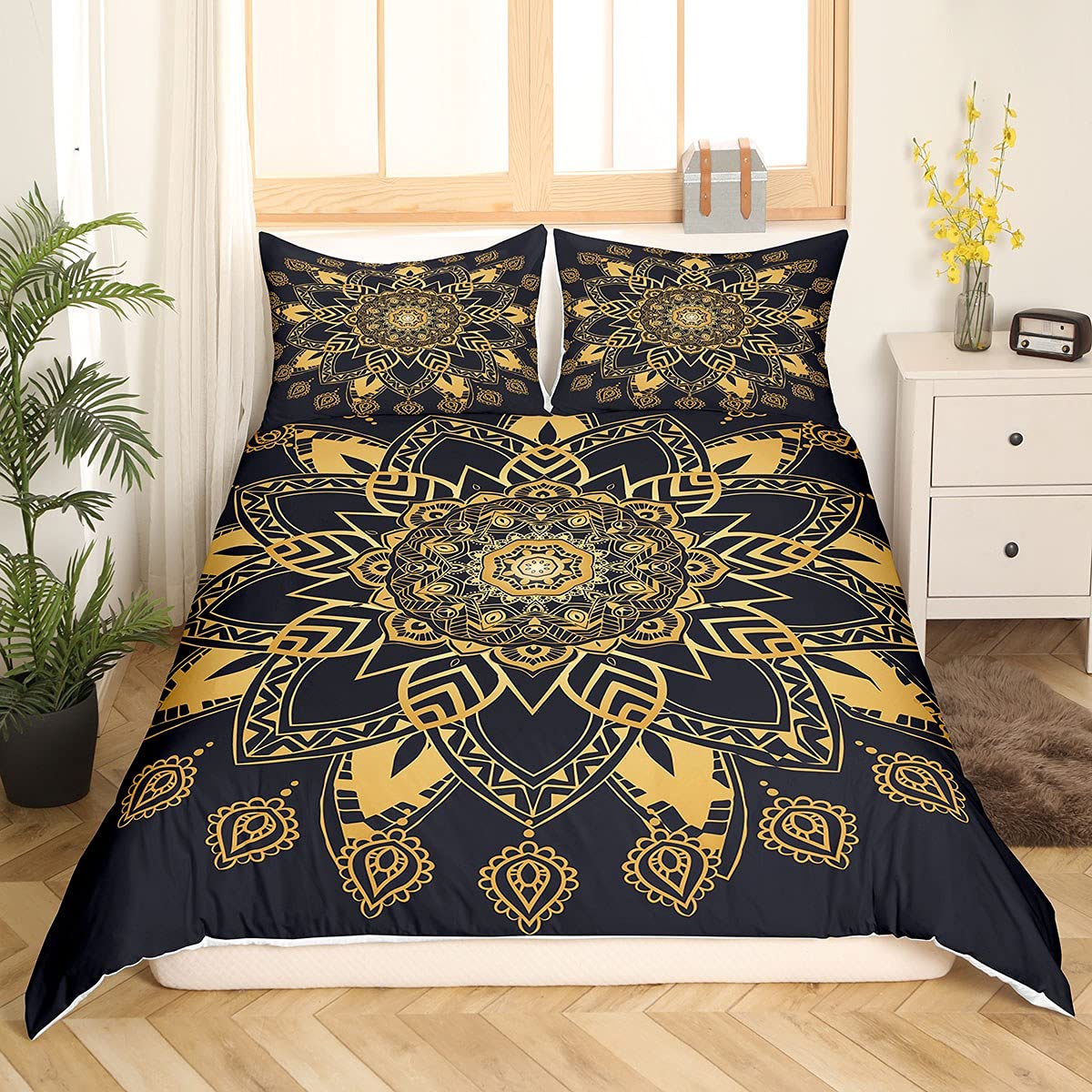 Loussiesd Bohemian Duvet Cover Set King,Black Golden Boho Chic Mandala Bedding Set3Pcs Soft Microfiber Decorative Gold Comforter With Zipper,Floral Printed Bed Cover