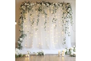 Xiomot Tulle Backdrop Curtain with Lights String 10FT X 10FT White Sheer Tulle Backdrop Curtains for Wedding Birthday Party R
