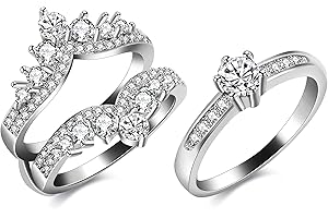 Uloveido 2 pcs Women's Round Brilliant Cubic Zirconia Ring Guard Enhancer Double Princess Crown Wedding Rings Set Y477-J048