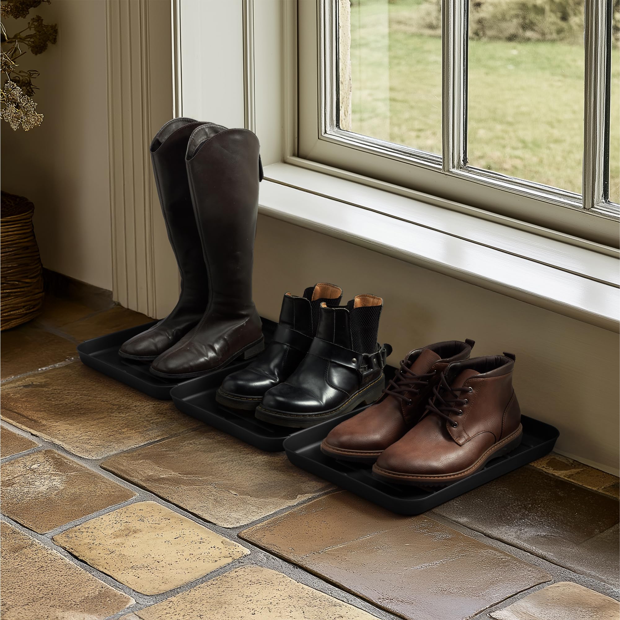 Navaris Set of 3 Shoe Drip Trays - Multi-Purpose Boot Tray for Rain, Winter Boots, Wellies - For Indoor and Outdoor Use in All Seasons - Black, Small