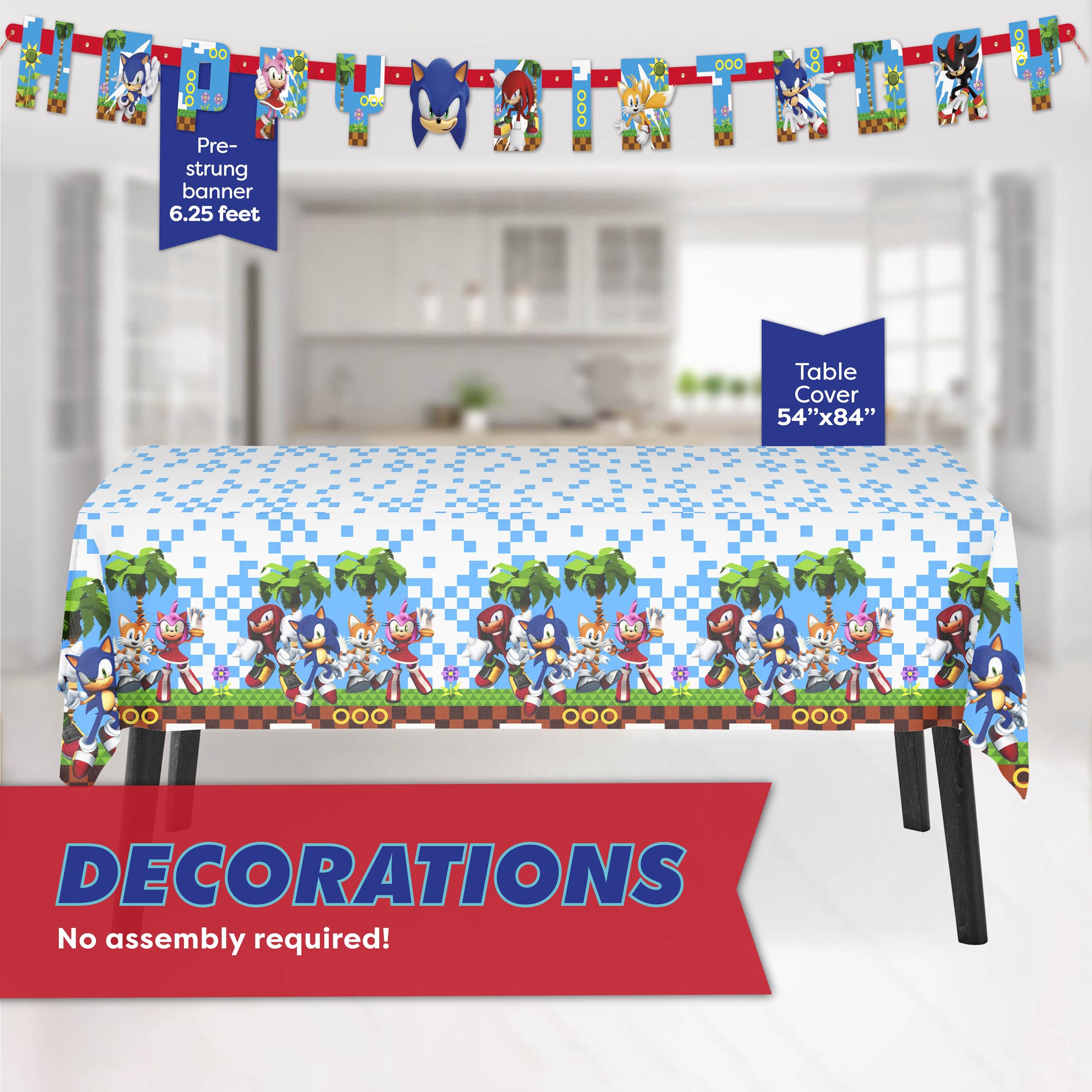 Sonic Birthday Party Decorations for 16 | Banner, Tablecloth, Plates and Napkins, Masks, Sticker | Sonic Party Decorations | Officially Licensed