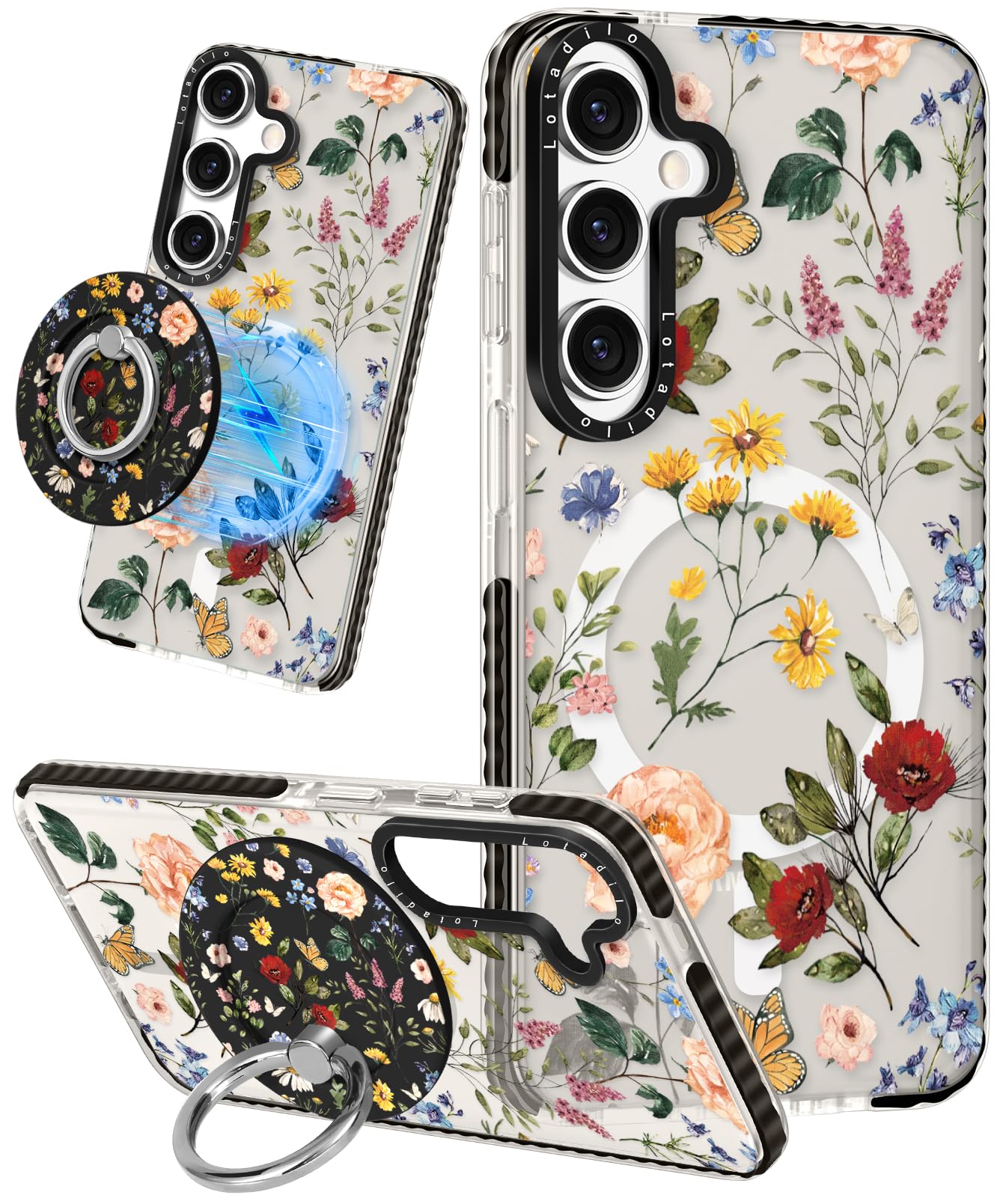 Photo 1 of Lotadilo Cute Case for Samsung Galaxy S25 for Women Girls - Funny Retro Flower Design Compatible with Magsafe Magnetic Ring Holder Kickstand Fashion TPU Phone Covers