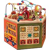 B. toys Wooden Activity Cube, Youniversity Developmental Learning | 6-sided wooden activity center with beads, zigzag paths, alphabet, numbers, shapes, and movable pieces, Wood Toys, 12+ Months