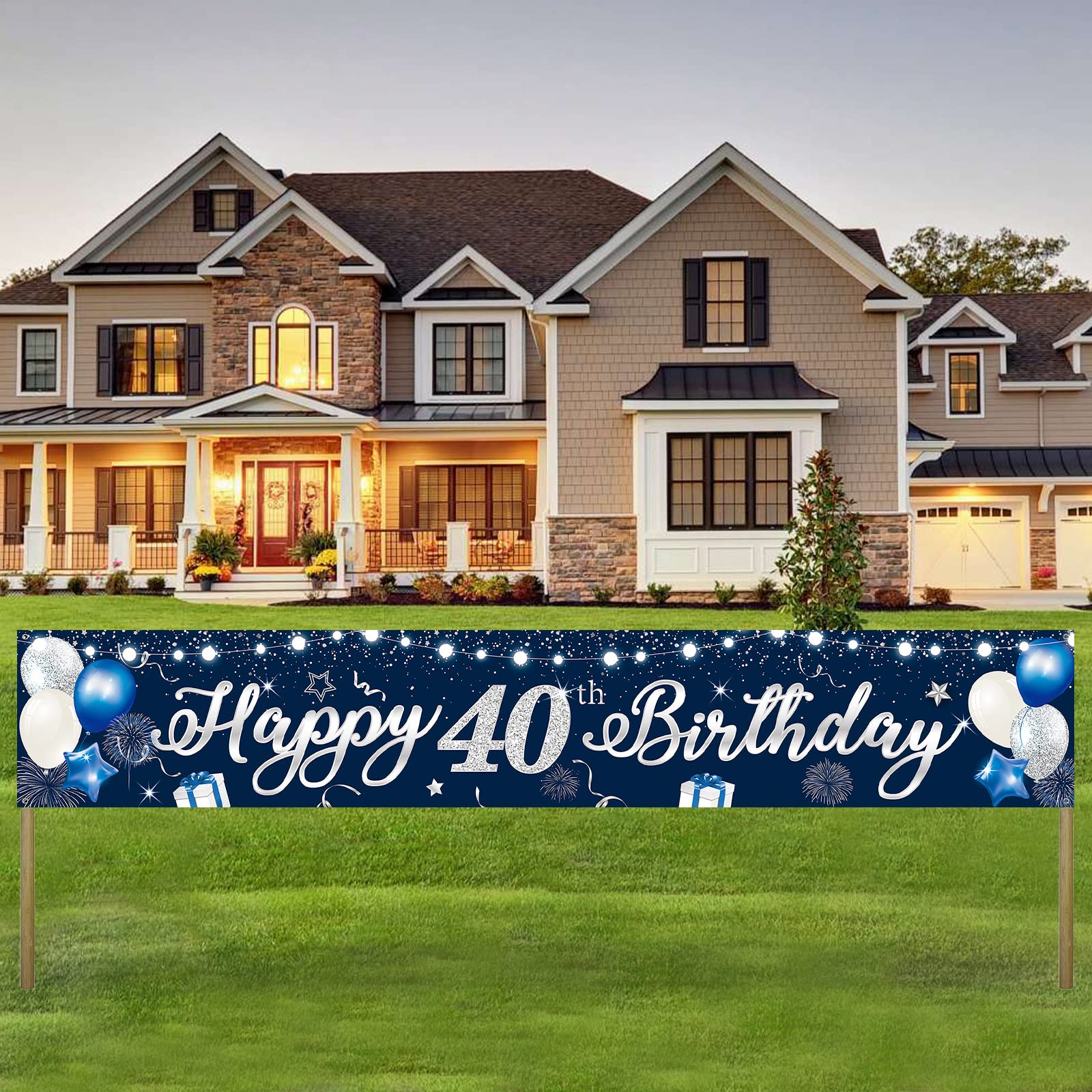 Happy 40th Birthday Banner Blue Silver Happy Birthday Yard Banner 210 * 40cm Large Forty Years Old birthday Party Yard Sign Banners Fortieth Anniversary Backdrop Background Decorations for Men Adults