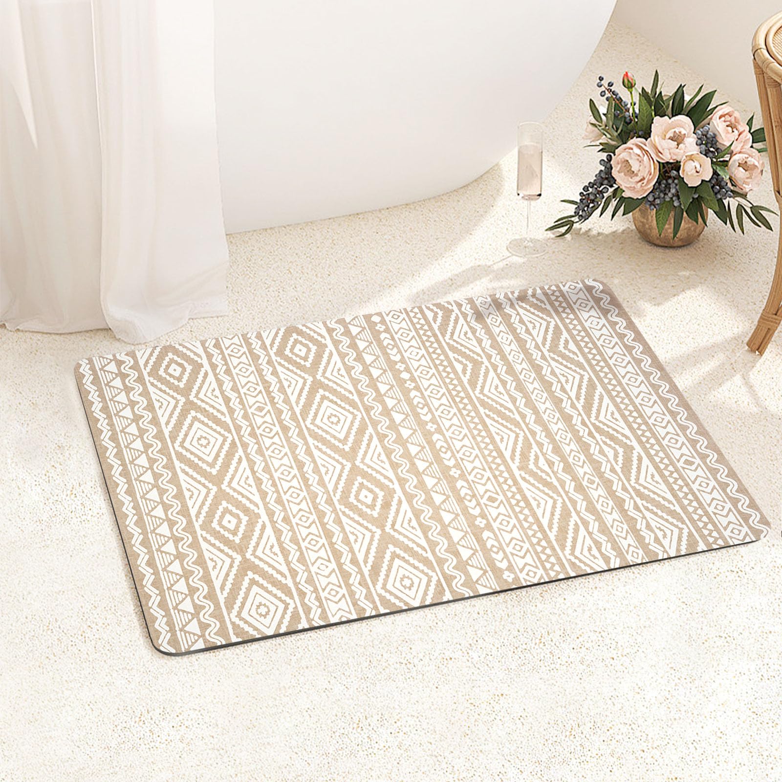 Photo 1 of FRESHMINT Bohemian Bath Mat Soft Boho Bathroom Mat Non-Slip Quick Dry Bath Rugs Thin Washable Shower Floor Mats with Super Water Absorbent Layer & Rubber Backing, 17"x24", Beige & White