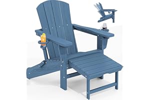 KINGYES Folding Adjustable Adirondack Chair with Retractable Ottoman, HDPE Reclining Adirondack Chair with Cup Holder, Blue