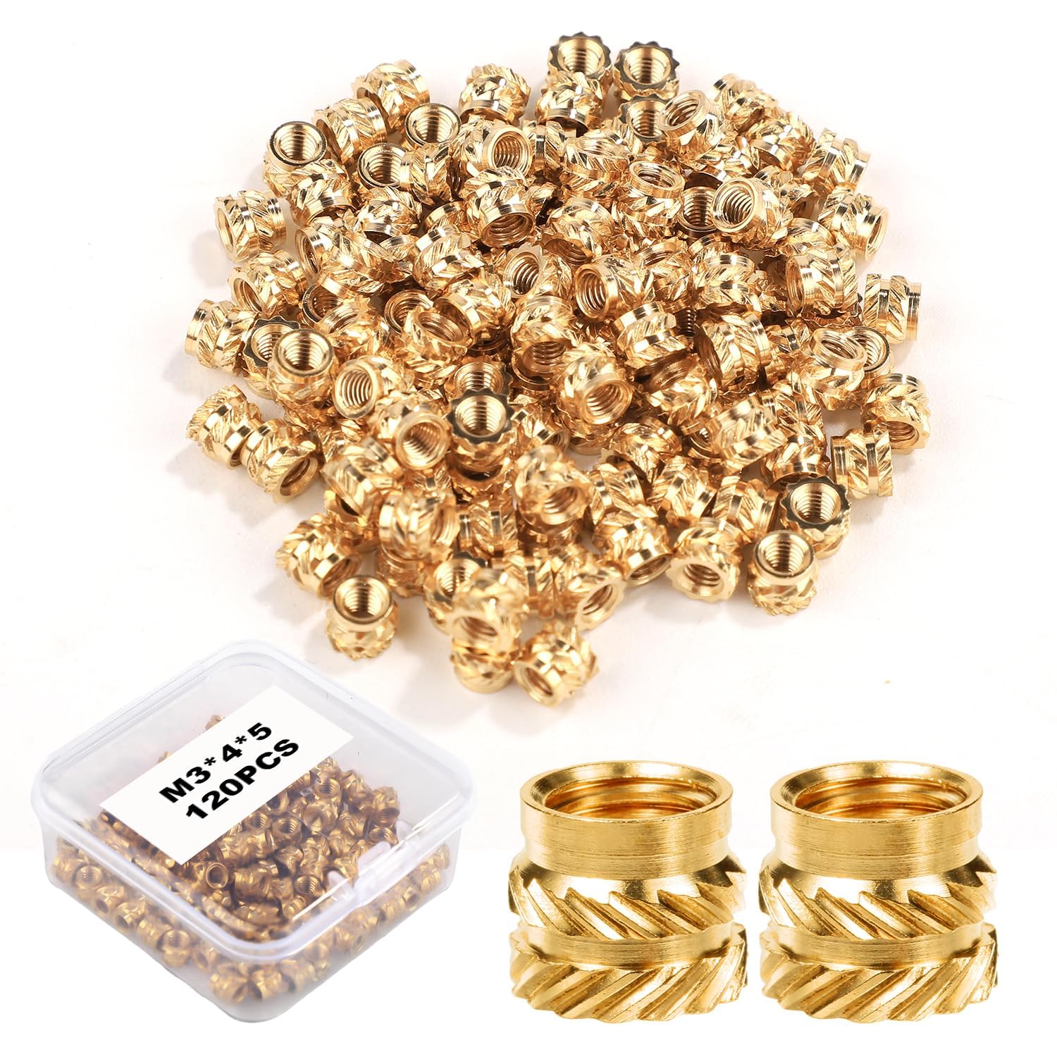 PEUTIER 120pcs 3D Printing Brass Nuts, M3x4x5mm Threaded Heat Set Inserts Knurled Brass Nuts Heat Embedment Nut for 3D Printing Parts Loptop Automotive Plastic Shell