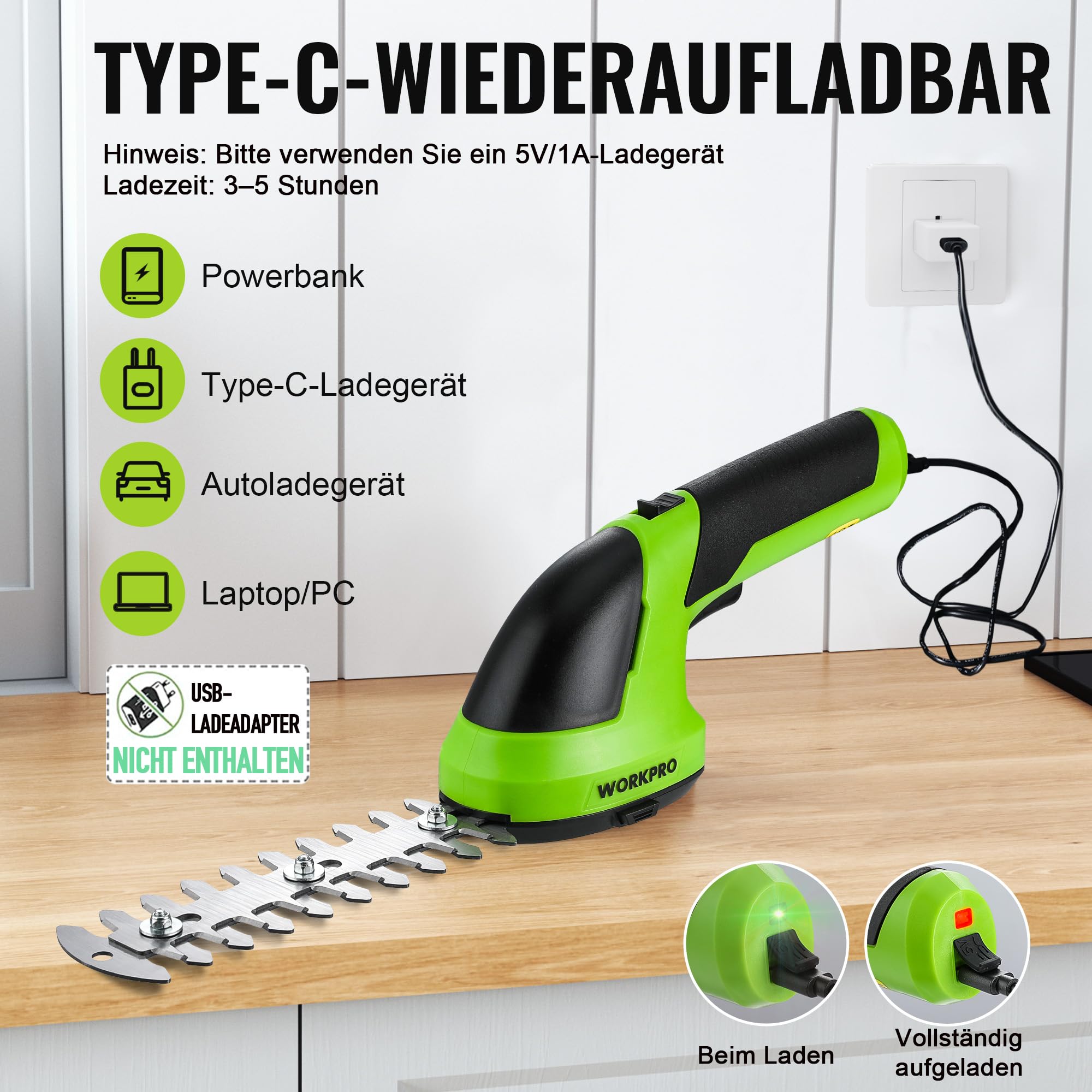 WORKPRO Gartenschere Akku 7,2V Grün, Handliche Grasschere Elektrisch 6