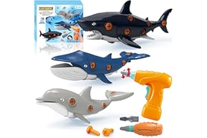 KAEGREEL Take Apart Ocean Shark Toys for Kids, 3 Packs Shark Dolphin Whale Ocean Animals Toys with Electric Drill Screwdriver