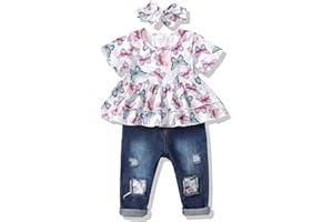 XUANHAO Baby Girl Clothes 12 18 24 Months Outfits For Infant Toddler Denim Girls' Clothing Ruffle Top Ripped Jeans Pant Sets