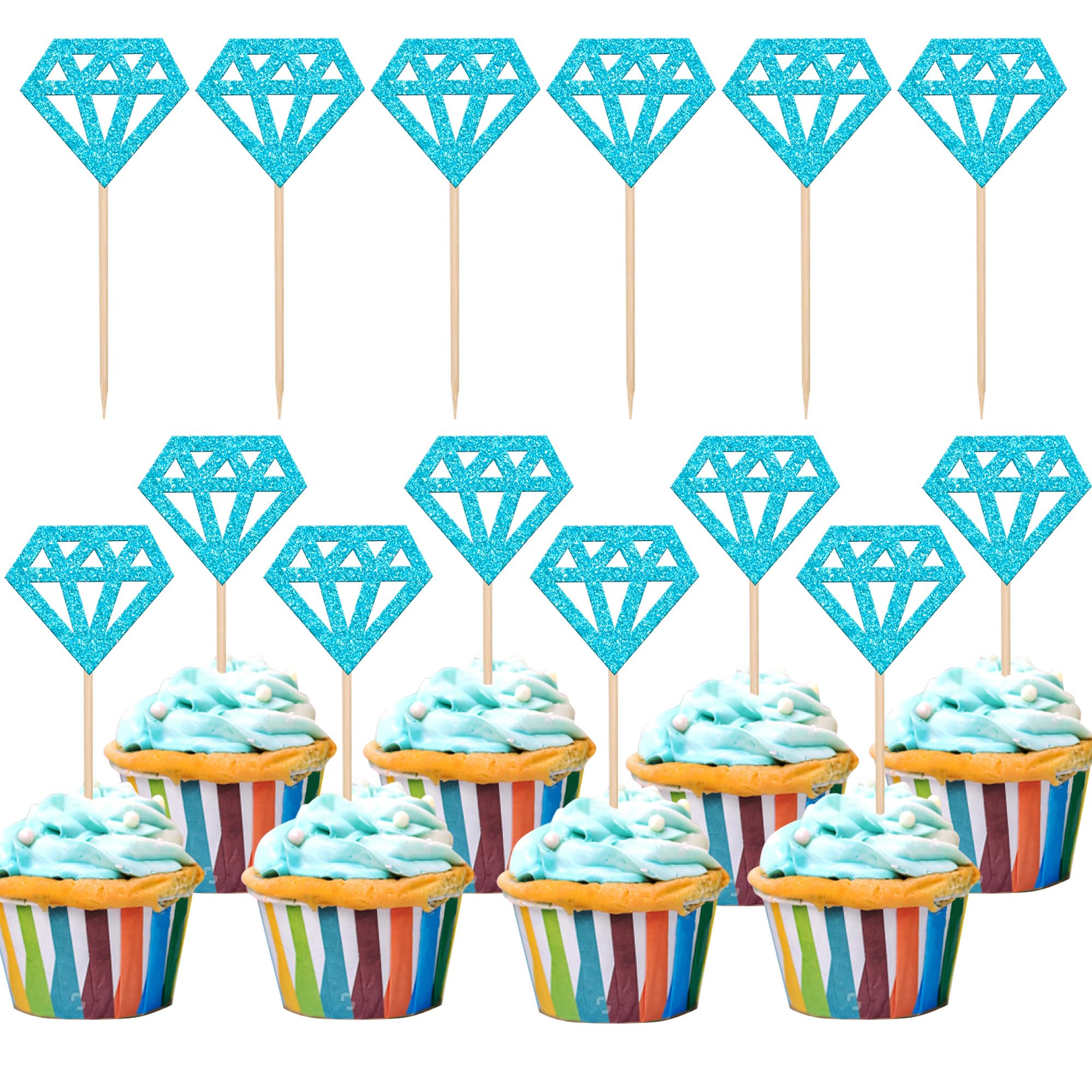36 PCS Diamond Cupcake Toppers Glitter Diamond Donut Cupcake Picks for Bridal Shower Wedding Engagement Anniversary Birthday Party Cake Decorations Supplies Blue