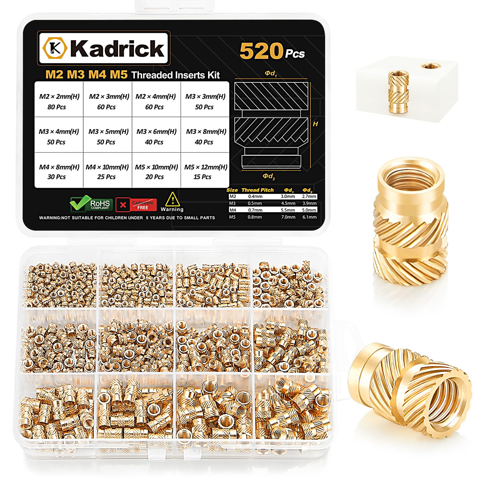 Photo 1 of Kadrick 520Pcs M2 M3 M4 M5 Threaded Inserts Assortment Kit for 3D Printing Components, Metric Brass Knurled Nuts, Insert by Heat into Plastic Parts