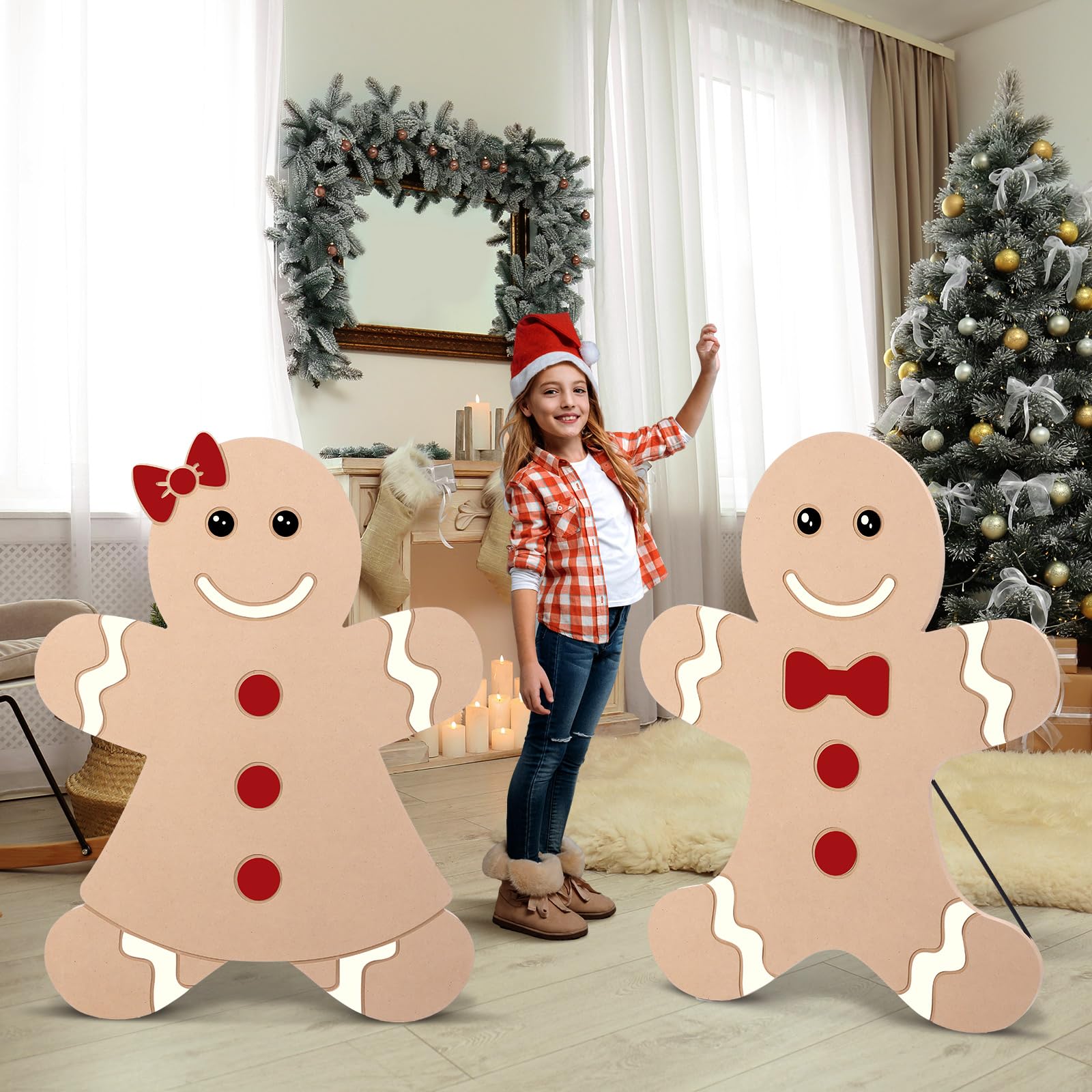 Photo 1 of Quzzil 2 Pcs 35in Wood Gingerbread Man Cardboard Cutout Standup Life Size Wood Gingerbread Man Decor Unfinished Wooden Standing Gingerbread Man Cutouts Booth Prop for Christmas Party DIY Decoration