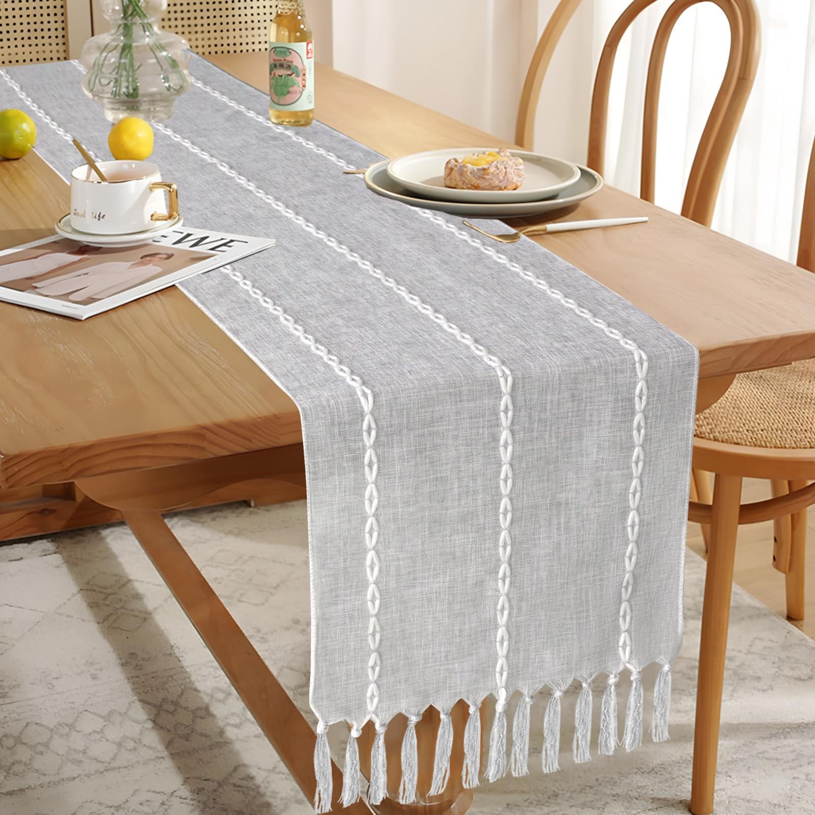 Boho Table Runner - Rustic Farmhouse Cotton and Linen with Hand-tassels, Elegant for Daily Dining and Event Decor, 13x72 inches, Grey