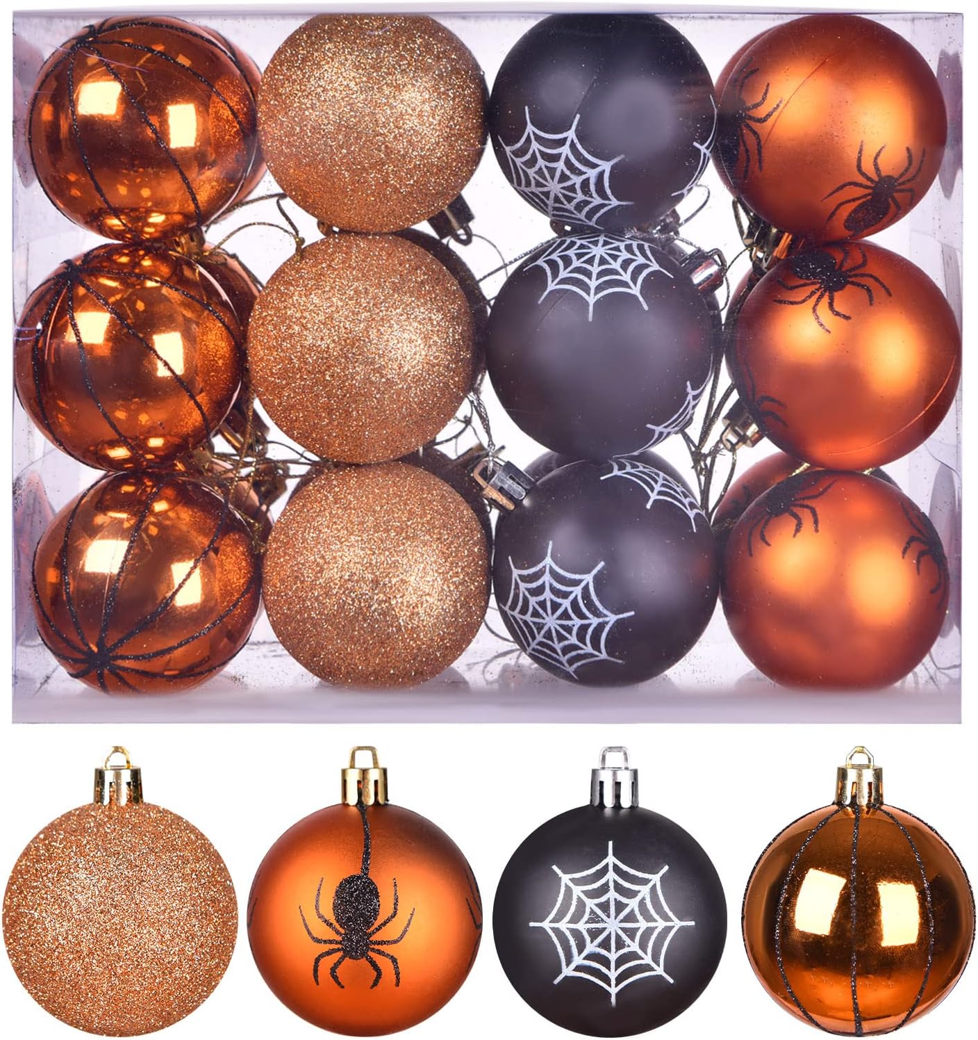 Ornaments - Tngan 24 Pcs Halloween Ball Ornaments Shatterproof, 60mm Decorative Hanging Assorted Ornaments for Tree Decor, 4 Style Halloween Tree Accessories Christmas Ornaments for Xmas Party Decoration