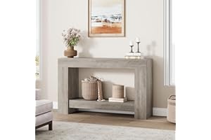 IDEALHOUSE 47" Farmhouse Console Table, Wood Sofa Table Narrow with 2-Tier Open Storage Shelf, Thickened Tabletop & Solid Bas