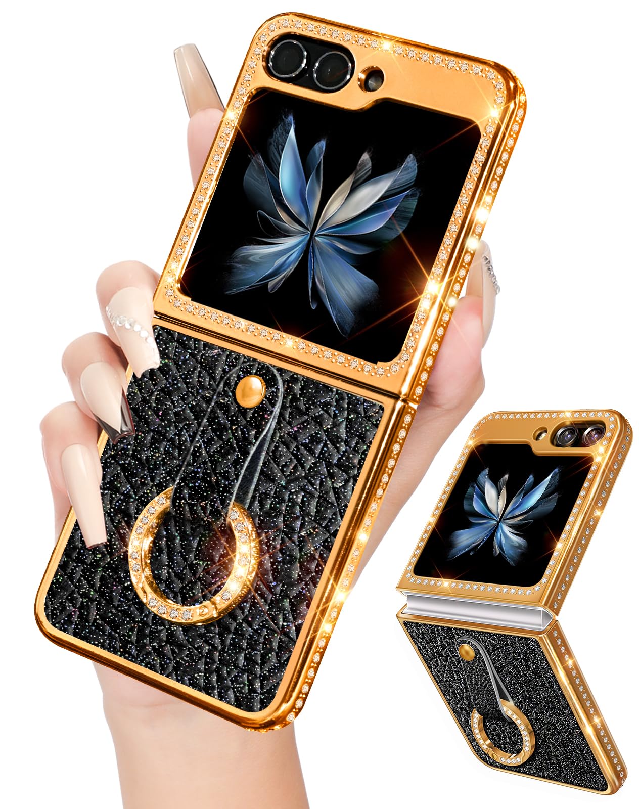 Photo 1 of Shorogyt for Samsung Galaxy Z Flip 5 Case with Ring Holder - Elegant Bling Diamond Rhinestone Luxury Sparkly Cover for Women Girls (Black)