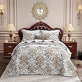 CHIXIN Oversized King Bedspread 128x120 Extra Wide - European Damask Paisley Pattern - Classic & Gorgeous Bedding Cover, Lightweight, Ultra Soft, 5 Piece, 100% Microfiber, White/Khaki/Grey