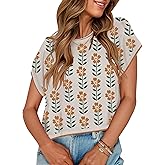 ZESICA Womens Floral Sweater Vest Summer Short Sleeve Crew Neck Cute Loose Knit Tops 2026 Trendy Clothes Outfits