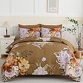 Luxudecor Floral Queen Comforter Set 7 Pieces Bed in a Bag, Flower Print on Brown Bedding Set, Soft Reversible Comforter with Sheet Set 90"x90"