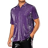 Lars Amadeus Glitter Shirts for Men's Sparkly Tops Short Sleeve Disco Metallic Polo