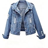 Kedera Women's Denim Jacket Distressed Casual Long Sleeve Ripped Boyfriend Jean Jacket Washed Blue Short Jean Shacket