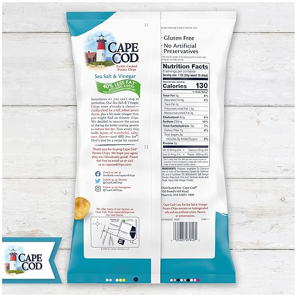 CAPE COD POTATO CHIPS, LESS FAT SEA SALT & VINEGAR KETTLE CHIPS, 7.5 OZ