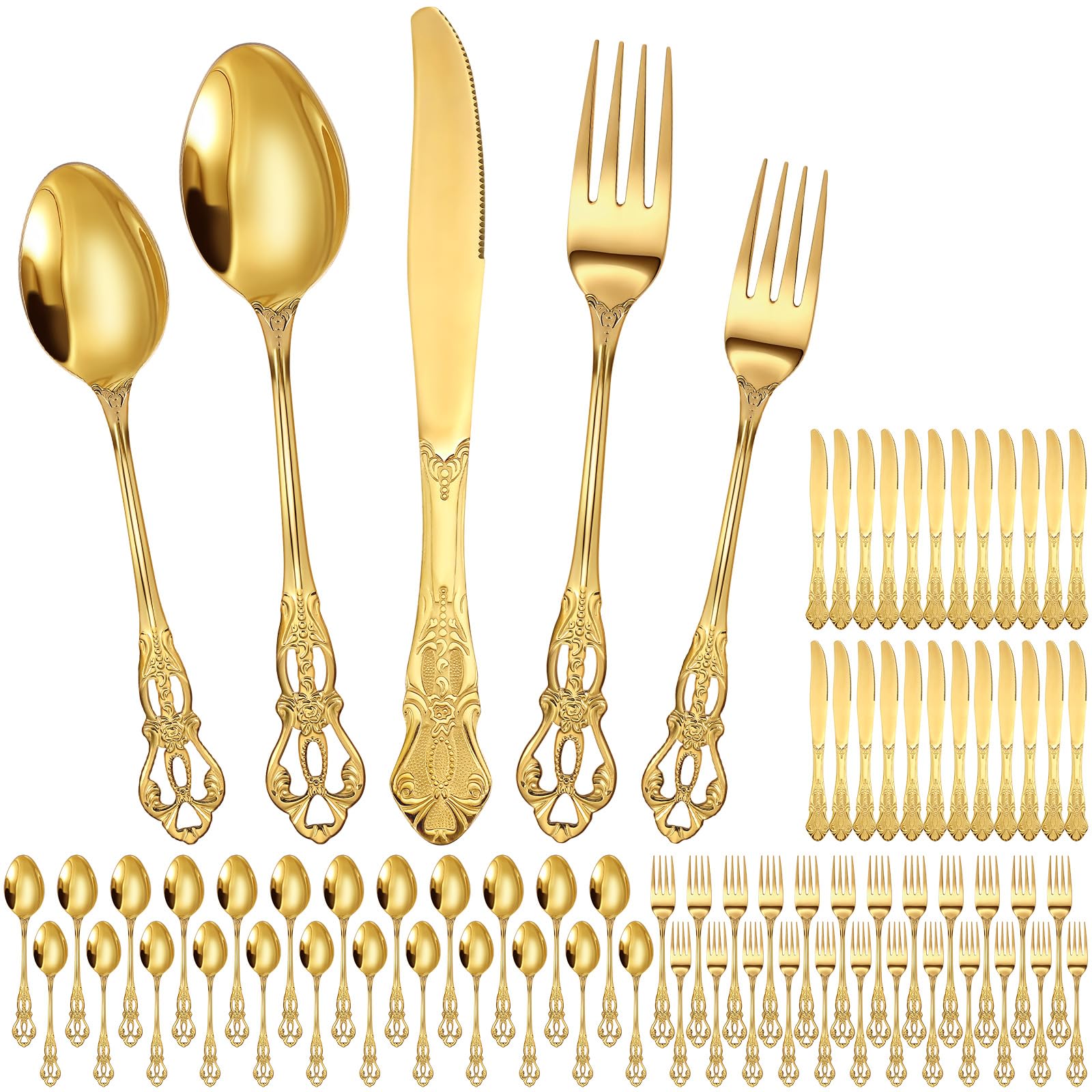 Photo 1 of Dandat 120 Pcs Retro Royal Silverware Set Stainless Steel Flatware Tableware Cutlery Utensils Set Including Fork Spoon and Knife for Kitchen Restaurant Home Wedding Birthday Party Favor (Gold)