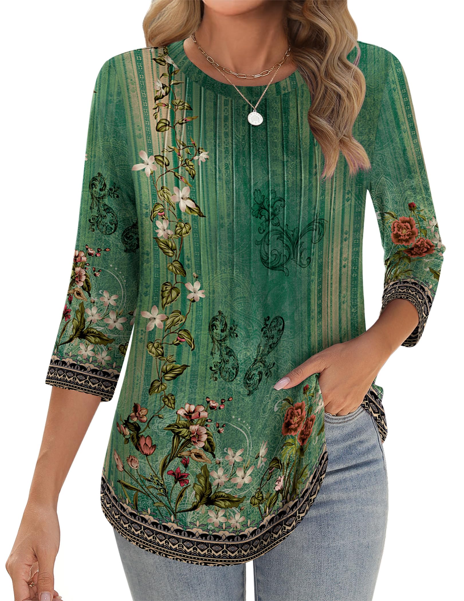 Photo 1 of Zeagoo Summer Outfits for Women 3/4 Sleeve Plus Size Tops Crewneck Loose Tunics Floral Print Pleated Blouses Flattering Shirts