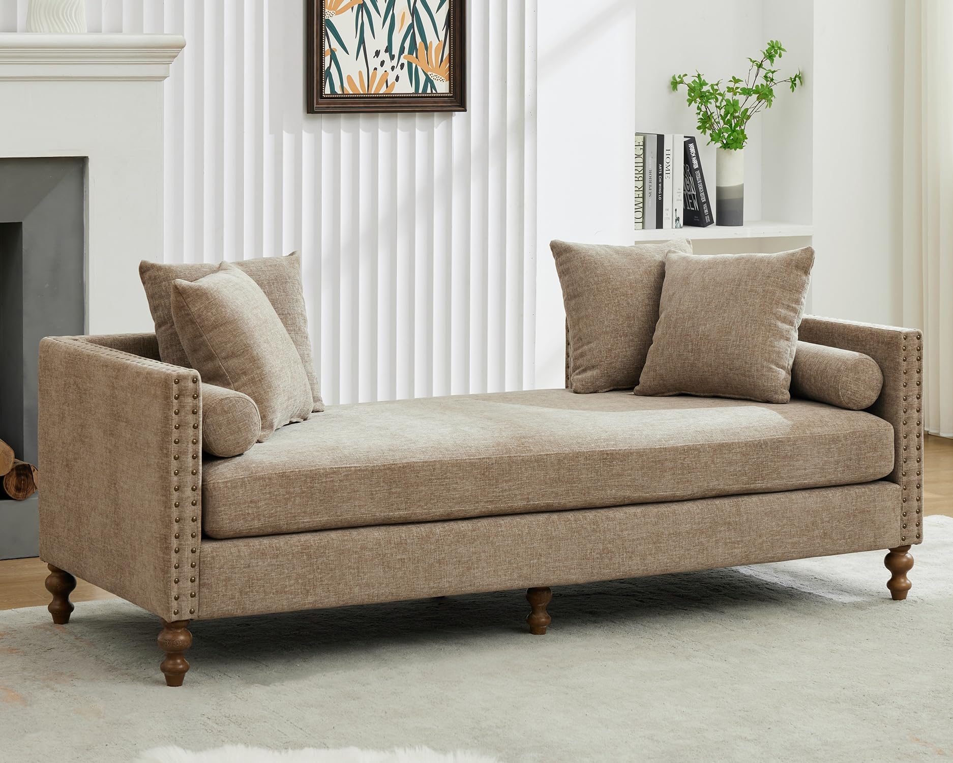 Photo 1 of ***JUST INSIDE FRAME NO ARM RESTS OR FEET***
KEIKI 75" Chenille Indoor Chaise Lounge Chair with 4 Pillows, 2 Bolsters & Nailheads, Upholstered Sleeper Sofa Couch Day Bed, Rubber Wood Legs Daybed Recliner Bench for Living Room Bedroom Apartment
