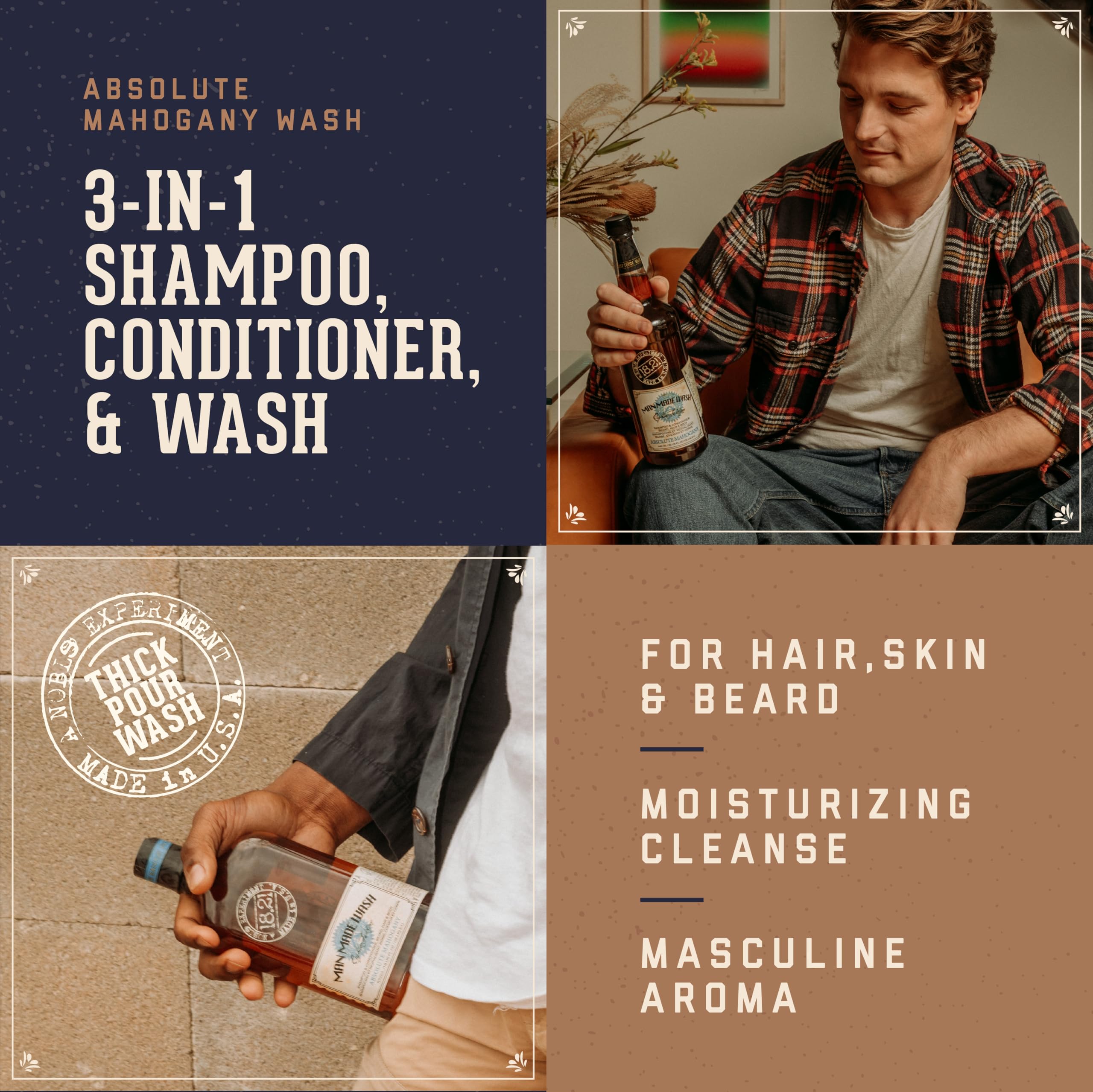 18.21 Man Made 3-in-1 Body Wash, Shampoo, & Conditioner for Men, All Hair & Skin Types, Strengthens and Moisturizes in a Manly Aroma, 18oz