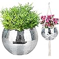FGBNM Disco Ball Planter, 1pcs 10” Silver Disco Ball Planter, Disco Ball Plant Hanger with Hanging Rope, Hanging Chain, Hook, Circle and Extra Mirror Pieces(10" Silver, 1pcs)