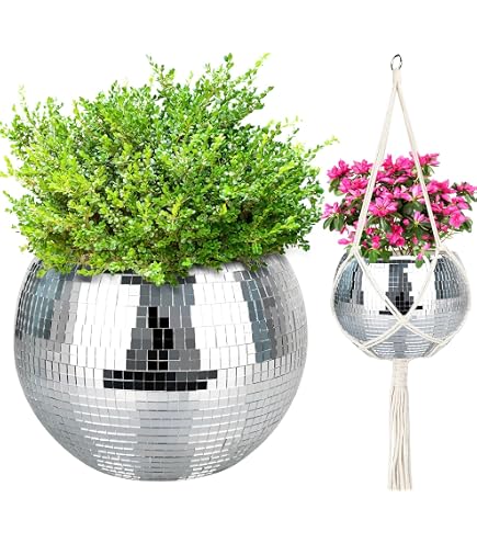 Novabright 2-Pack Self-Watering Disco Ball Planters – Sparkling Hanging Pots For Plants With Chains & Rope