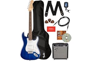 Fender Squier Sonic Stratocaster - Sapphire Blue Transparent Bundle with Frontman 10g Amp, Gig Bag, Cable, Strap, Tuner, Fender Play, Picks, Austin Bazaar Guitar DVD